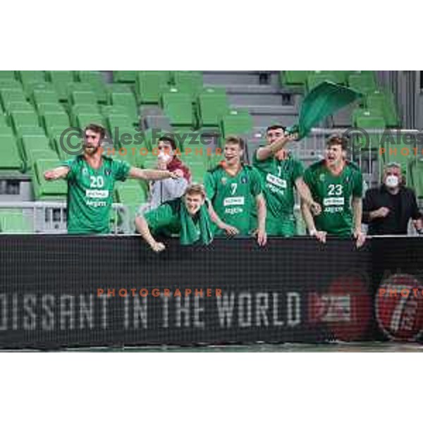 Alen Hodzic, Luka Rupnik, Dan Duscak, Rok Radovic, Luka Scuka of Cedevita Olimpija celebrate during 7days EuroCup basketball match between Cedevita Olimpija (SLO) and Buducnost VOLI (MNE) in SRC Stozice, Ljubljana on January 19, 2021