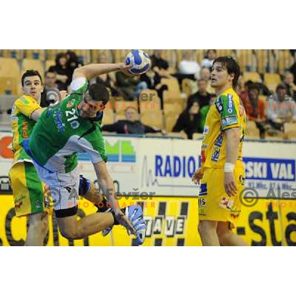 Zeljko Musa and Miha Gorensek, Mirsad Derzic at the 3rd place Matoc of the slovenian handball cup for men 2008 Celje Pivovarna Lasko - Trimo Trebnje at Zlatorog hall, Celje 