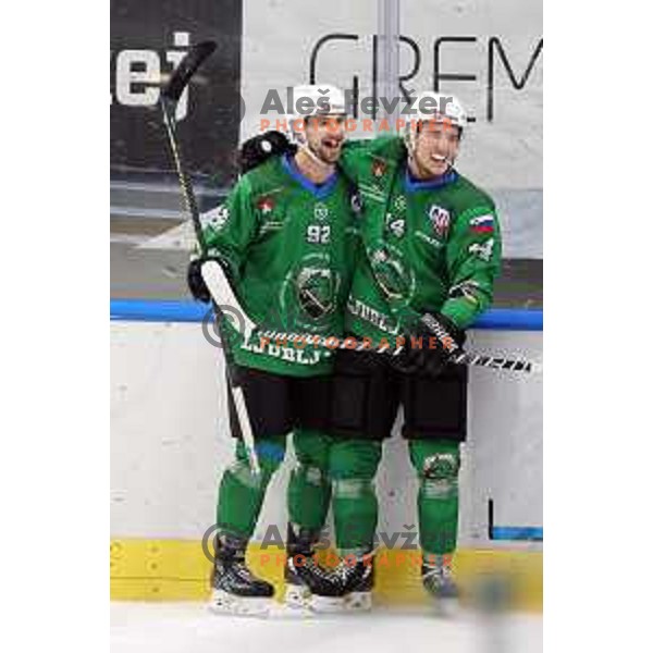 Aleksandar Magovac and Martin Bohinc of SZ Olimpija in action during Alps League ice-hockey match between SZ Olimpija and Lustenau in Ljubljana, Slovenia on January 24, 2021