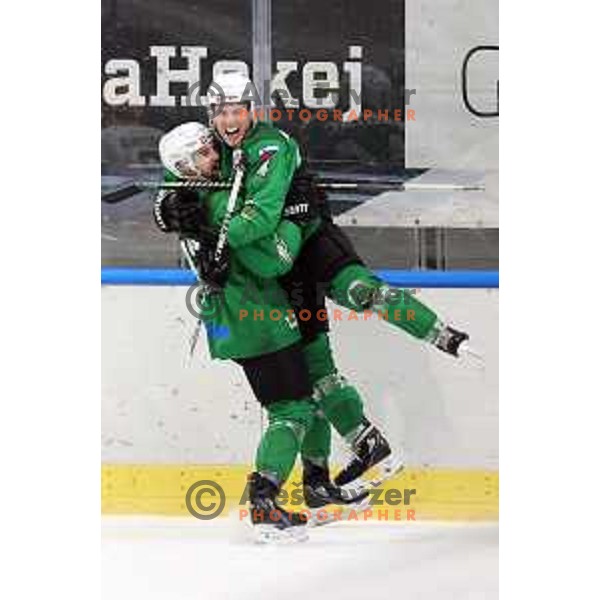 Aleksandar Magovac and Martin Bohinc of SZ Olimpija in action during Alps League ice-hockey match between SZ Olimpija and Lustenau in Ljubljana, Slovenia on January 24, 2021
