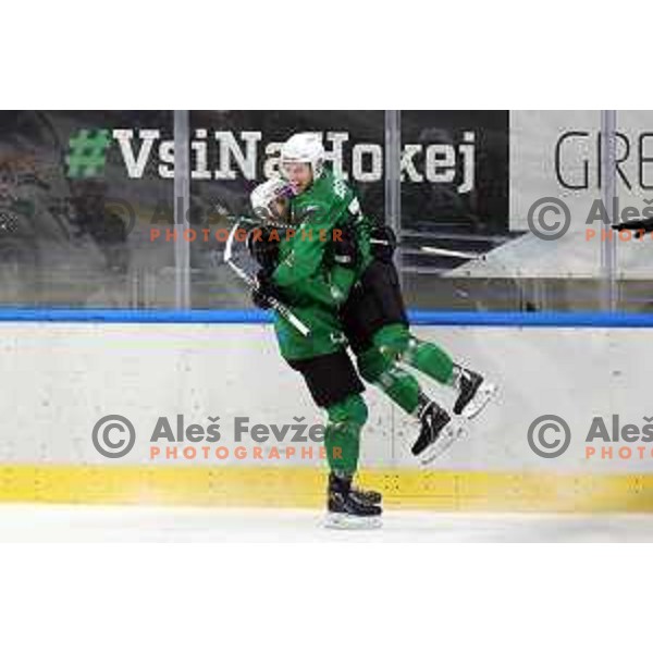 Aleksandar Magovac and Martin Bohinc of SZ Olimpija in action during Alps League ice-hockey match between SZ Olimpija and Lustenau in Ljubljana, Slovenia on January 24, 2021