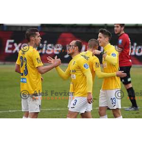 Milan Tucic and players of Bravo celebrate goal during Prva Liga Telekom Slovenije 2020-2021 football match between Bravo and Tabor Sezana in Ljubljana on February 6, 2021