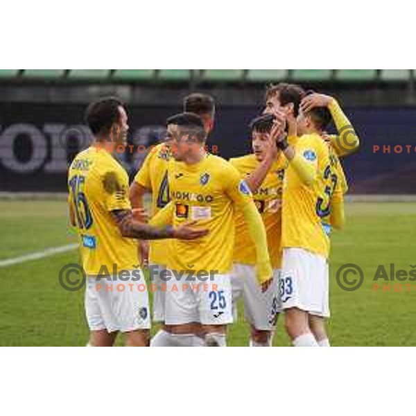 Milan Tucic and players of Bravo celebrate goal during Prva Liga Telekom Slovenije 2020-2021 football match between Bravo and Tabor Sezana in Ljubljana on February 6, 2021