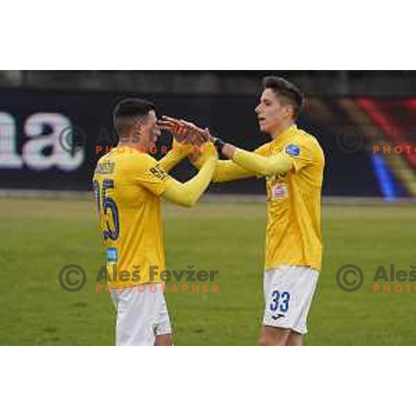 Loren Maruzin and Milan Tucic of Bravo celebrate goal during Prva Liga Telekom Slovenije 2020-2021 football match between Bravo and Tabor Sezana in Ljubljana on February 6, 2021