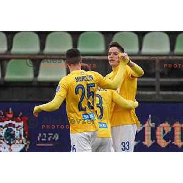 Milan Tucic and players of Bravo celebrate goal during Prva Liga Telekom Slovenije 2020-2021 football match between Bravo and Tabor Sezana in Ljubljana on February 6, 2021