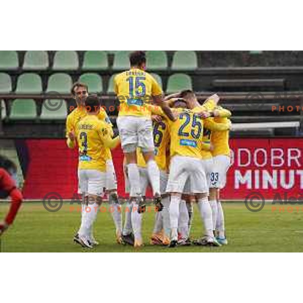 Mustafa Nukic, Milan Tucic and players of Bravo celebrate goal during Prva Liga Telekom Slovenije 2020-2021 football match between Bravo and Tabor Sezana in Ljubljana on February 6, 2021