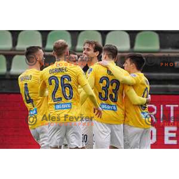 David Brekalo, Maustafa Nukic, Milan Tucic, Martin Kramaric and players of Bravo celebrate goal during Prva Liga Telekom Slovenije 2020-2021 football match between Bravo and Tabor Sezana in Ljubljana on February 6, 2021