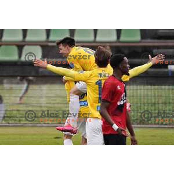 Milan Tucic and players of Bravo celebrate goal during Prva Liga Telekom Slovenije 2020-2021 football match between Bravo and Tabor Sezana in Ljubljana on February 6, 2021
