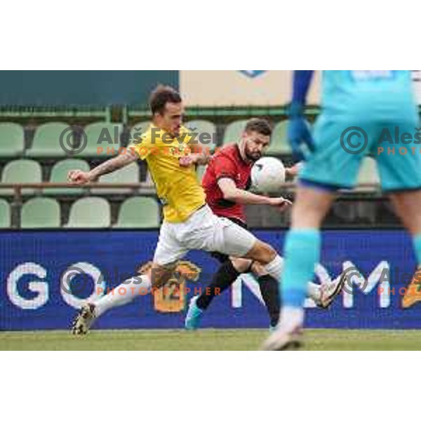 Vanja Drkusic and Mihael Briski in action during Prva Liga Telekom Slovenije 2020-2021 football match between Bravo and Tabor Sezana in Ljubljana on February 6, 2021