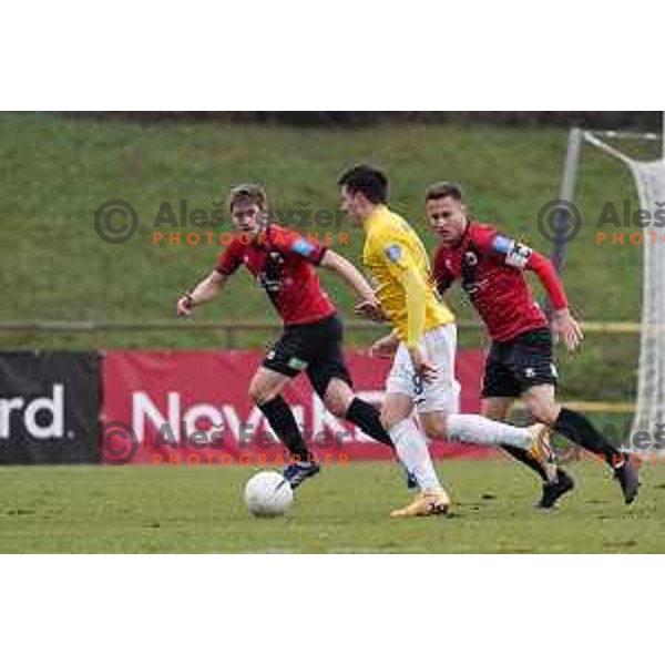 Mihael Briski, Martin Kramaric and Erik Salkic in action during Prva Liga Telekom Slovenije 2020-2021 football match between Bravo and Tabor Sezana in Ljubljana on February 6, 2021