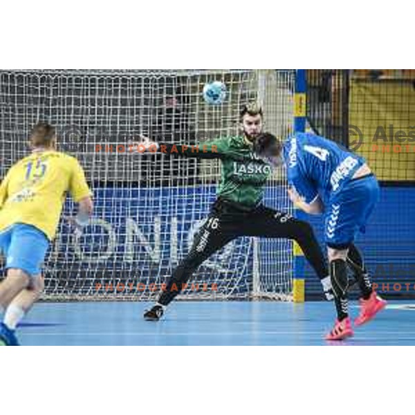 Miljan Vujovic in action during EHF Champions League handball match between Celje Pivovarna Lasko and Zagreb in Zlatorog Arena, Celje, Slovenia on February 9, 2021