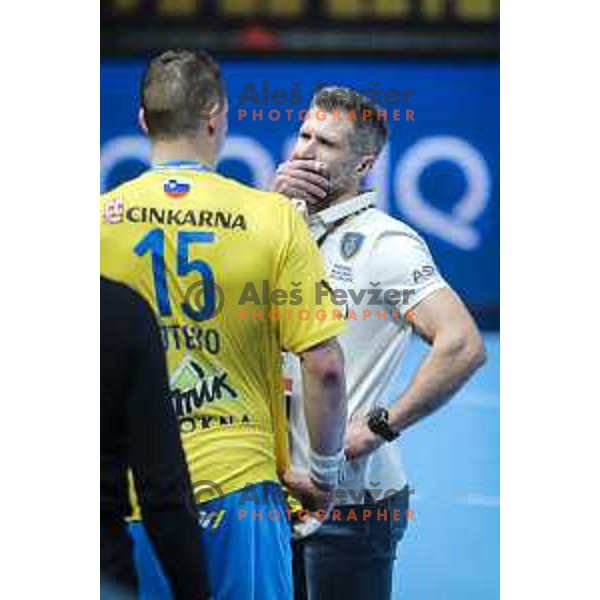 Tomaz Ocvirk, head coach of Celje in action during EHF Champions League handball match between Celje Pivovarna Lasko and Zagreb in Zlatorog Arena, Celje, Slovenia on February 9, 2021