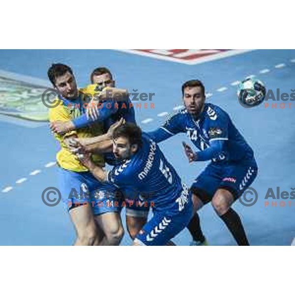 Matic Groselj vs Luka Mrakovcic in action during EHF Champions League handball match between Celje Pivovarna Lasko and Zagreb in Zlatorog Arena, Celje, Slovenia on February 9, 2021