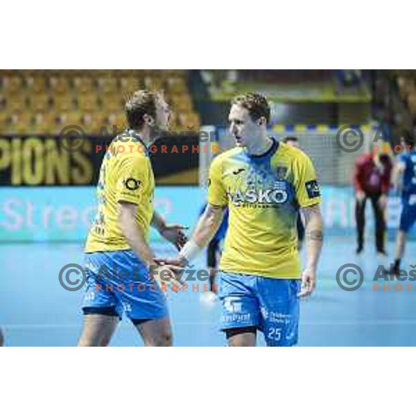 Tilen Kodrin celebrating during EHF Champions League handball match between Celje Pivovarna Lasko and Zagreb in Zlatorog Arena, Celje, Slovenia on February 9, 2021