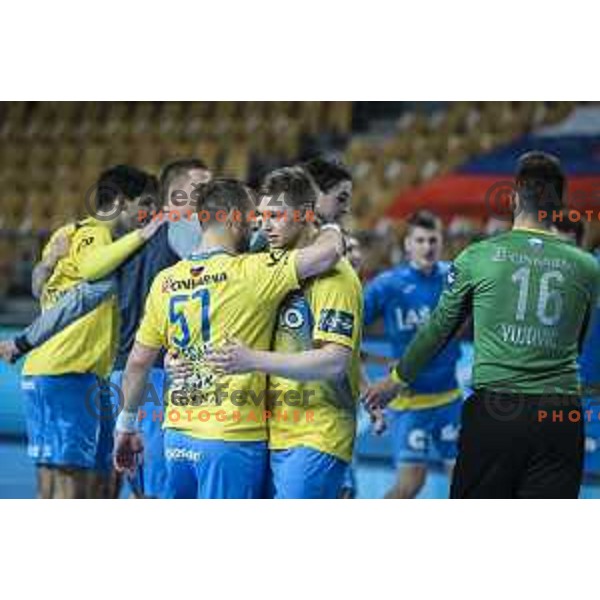 Patrik Leban and Kristjan Horzen celebrating after EHF Champions League handball match between Celje Pivovarna Lasko and Zagreb in Zlatorog Arena, Celje, Slovenia on February 9, 2021