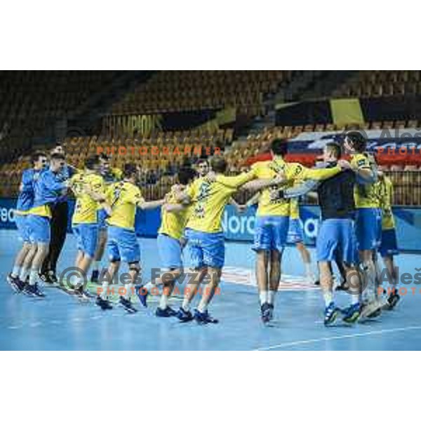 Players of Celje PL celebrating after EHF Champions League handball match between Celje Pivovarna Lasko and Zagreb in Zlatorog Arena, Celje, Slovenia on February 9, 2021