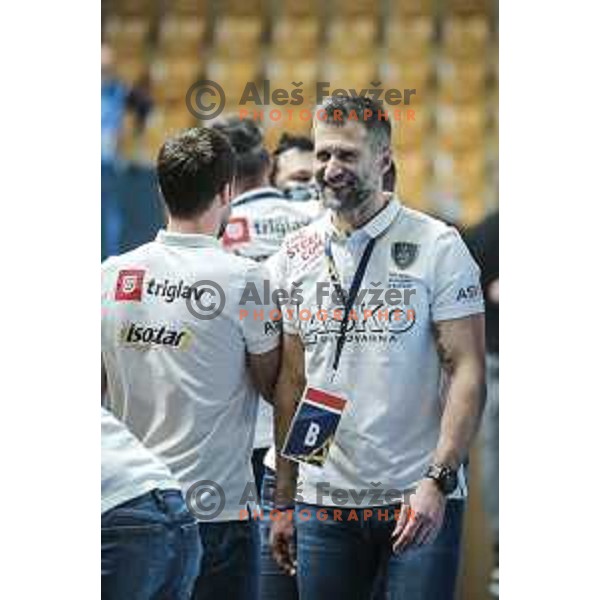 Tomaz Ocvirk, head coach of Celje celebrating after EHF Champions League handball match between Celje Pivovarna Lasko and Zagreb in Zlatorog Arena, Celje, Slovenia on February 9, 2021