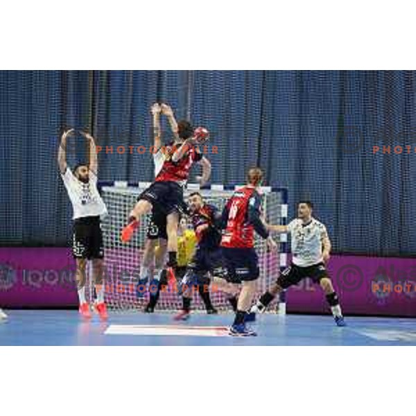 in action during EHF European League Men 2020/21 handball match between Trimo Trebnje and Rhein Newckar Lowen in Ljubljana, Slovenia on February 9, 2021