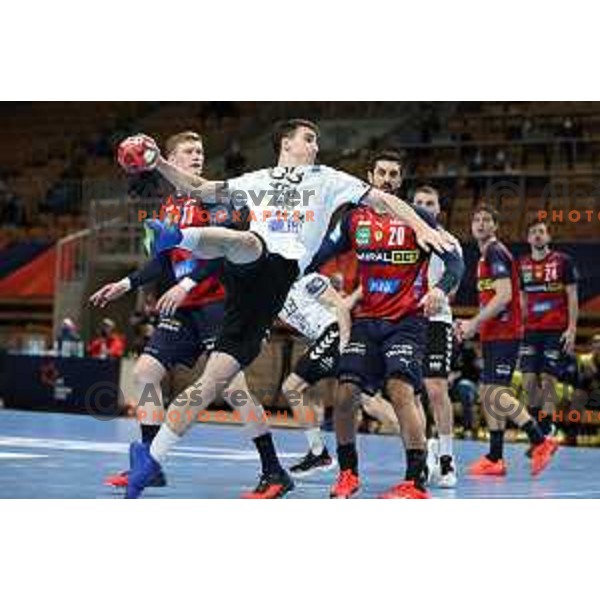 Lan Grbic in action during EHF European League Men 2020/21 handball match between Trimo Trebnje and Rhein Newckar Lowen in Ljubljana, Slovenia on February 9, 2021