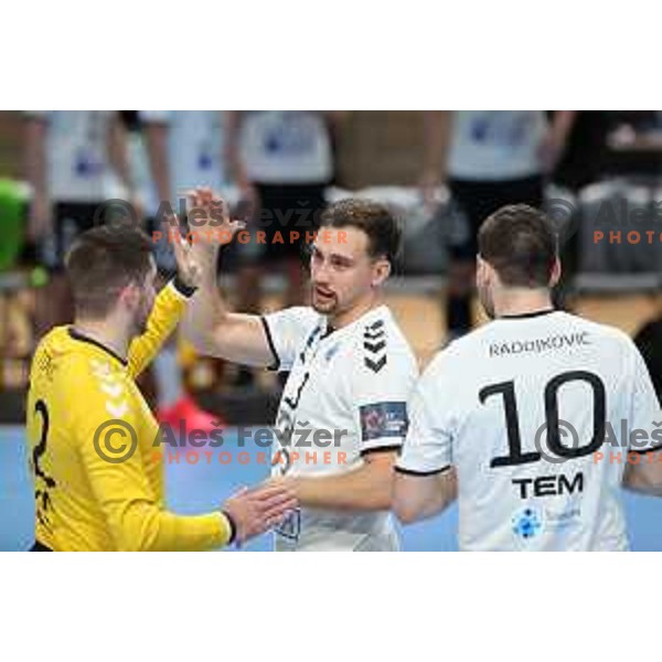 Aleksandar Tomic and Darko Cingesar in action during EHF European League Men 2020/21 handball match between Trimo Trebnje and Rhein Newckar Lowen in Ljubljana, Slovenia on February 9, 2021