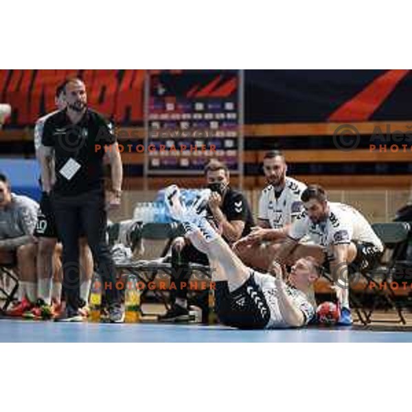 Uros Udovic in action during EHF European League Men 2020/21 handball match between Trimo Trebnje and Rhein Neckar Lowen in Ljubljana, Slovenia on February 9, 2021