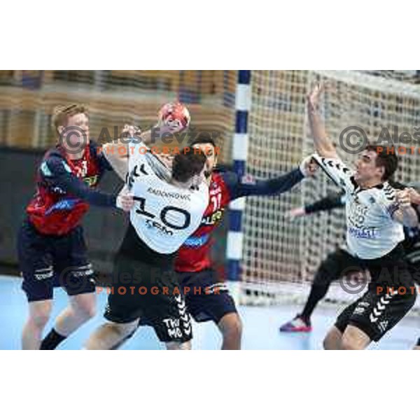 Mihajlo Radojkovic in action during EHF European League Men 2020/21 handball match between Trimo Trebnje and Rhein Neckar Lowen in Ljubljana, Slovenia on February 9, 2021