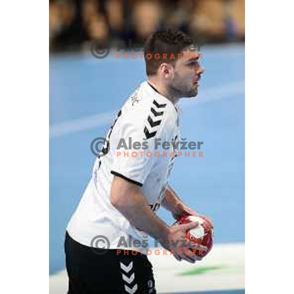 Mihajlo Radojkovic in action during EHF European League Men 2020/21 handball match between Trimo Trebnje and Rhein Neckar Lowen in Ljubljana, Slovenia on February 9, 2021