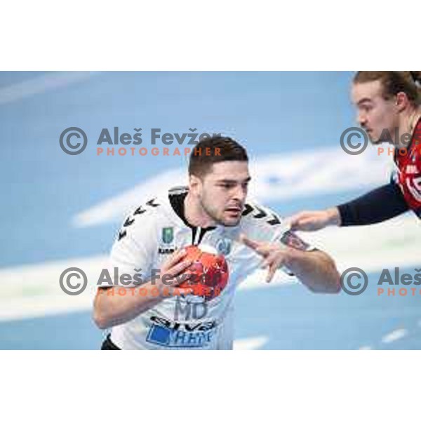 Mihajlo Radojkovic in action during EHF European League Men 2020/21 handball match between Trimo Trebnje and Rhein Neckar Lowen in Ljubljana, Slovenia on February 9, 2021