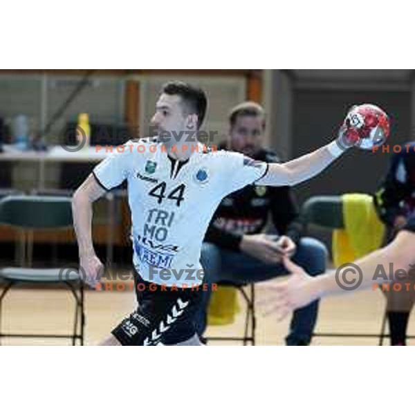 Gal Cirar in action during EHF European League Men 2020/21 handball match between Trimo Trebnje and Rhein Newckar Lowen in Ljubljana, Slovenia on February 9, 2021