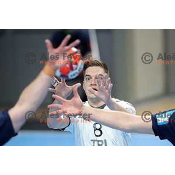 Zan Grojzdek in action during EHF European League Men 2020/21 handball match between Trimo Trebnje and Rhein Neckar Lowen in Ljubljana, Slovenia on February 9, 2021