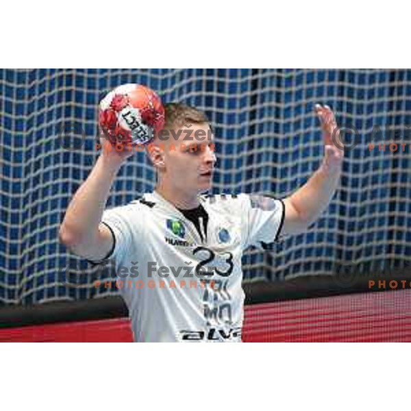 Uros Udovic in action during EHF European League Men 2020/21 handball match between Trimo Trebnje and Rhein Neckar Lowen in Ljubljana, Slovenia on February 9, 2021