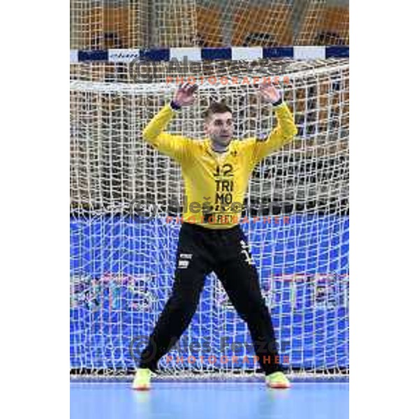 Aleksandar Tomic in action during EHF European League Men 2020/21 handball match between Trimo Trebnje and Rhein Newckar Lowen in Ljubljana, Slovenia on February 9, 2021