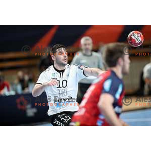 Mihajlo Radojkovic in action during EHF European League Men 2020/21 handball match between Trimo Trebnje and Rhein Newckar Lowen in Ljubljana, Slovenia on February 9, 2021