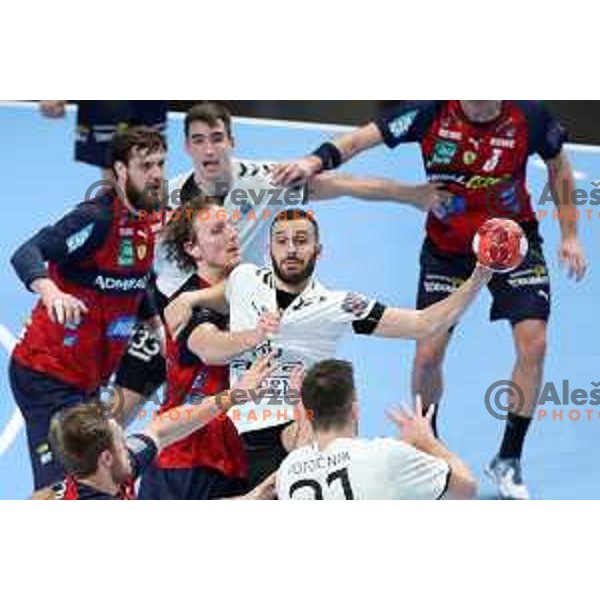 Ozgur Sarak in action during EHF European League Men 2020/21 handball match between Trimo Trebnje and Rhein Neckar Lowen in Ljubljana, Slovenia on February 9, 2021