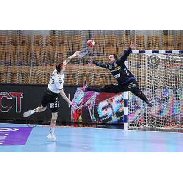 Gal Cirar in action during EHF European League Men 2020/21 handball match between Trimo Trebnje and Rhein Neckar Lowen in Ljubljana, Slovenia on February 9, 2021