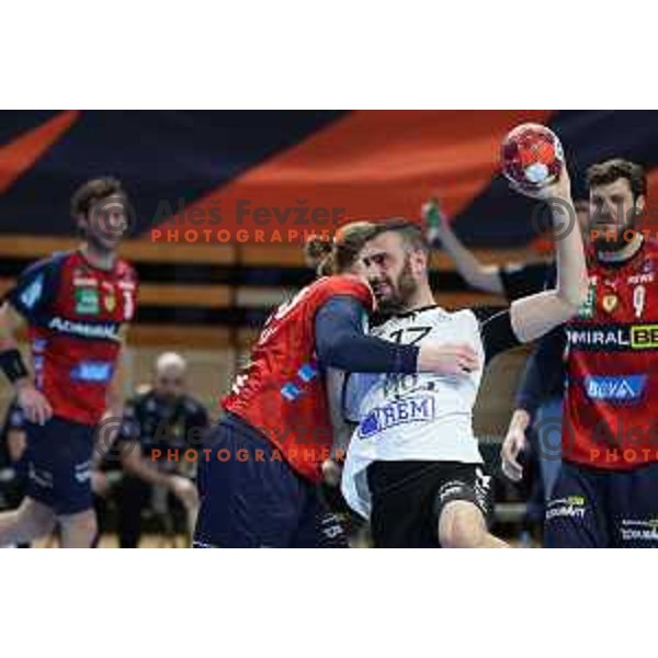 Ozgur Sarak in action during EHF European League Men 2020/21 handball match between Trimo Trebnje and Rhein Neckar Lowen in Ljubljana, Slovenia on February 9, 2021