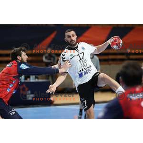 Ozgur Sarak in action during EHF European League Men 2020/21 handball match between Trimo Trebnje and Rhein Neckar Lowen in Ljubljana, Slovenia on February 9, 2021