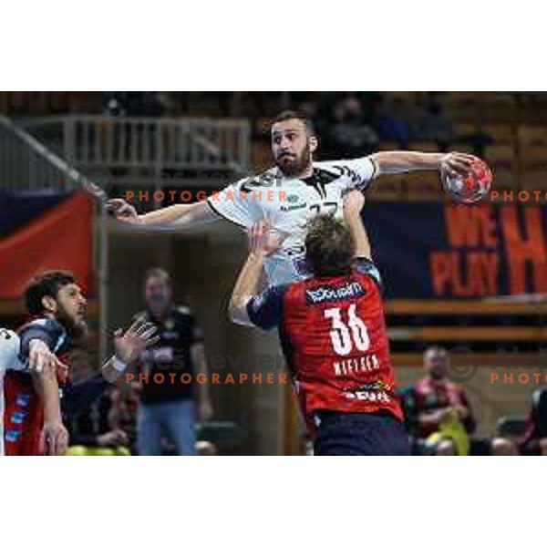 Ozgur Sarak in action during EHF European League Men 2020/21 handball match between Trimo Trebnje and Rhein Neckar Lowen in Ljubljana, Slovenia on February 9, 2021