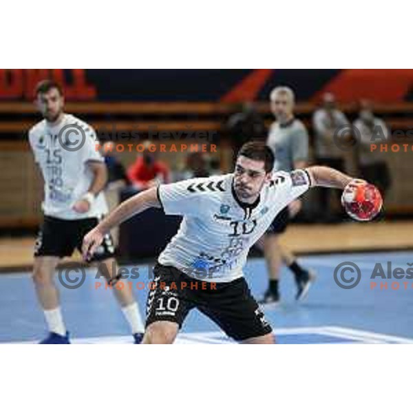 Mihajlo Radojkovic in action during EHF European League Men 2020/21 handball match between Trimo Trebnje and Rhein Neckar Lowen in Ljubljana, Slovenia on February 9, 2021