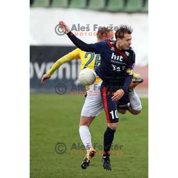 Sandi Ogrinec and Goran Cvijanovic in action during Prva Liga Telekom Slovenije 2020-2021 football match between Bravo and Gorica in Ljubljana on February 10, 2021