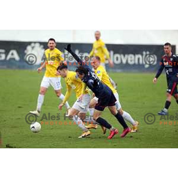 Mark Spanring and Tjas Begic in action during Prva Liga Telekom Slovenije 2020-2021 football match between Bravo and Gorica in Ljubljana on February 10, 2021
