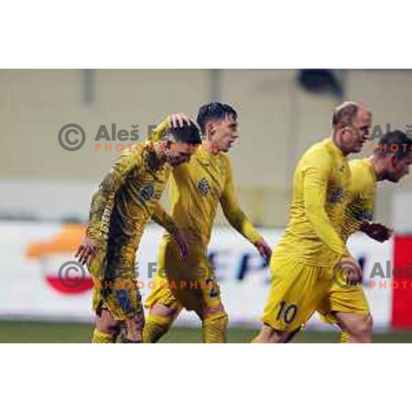 Tamar Svetlin, Andraz zinic and Senijad ibricic of Domzale in action during Prva Liga Telekom Slovenije 2020-2021 football match between Domzale and Maribor in Domzale, Slovenia on February 10, 2021
