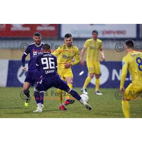 Rok Kronaveter, Gregor Sikosek and Felipe Dos Santos in action during Prva Liga Telekom Slovenije 2020-2021 football match between Domzale and Maribor in Domzale, Slovenia on February 10, 2021