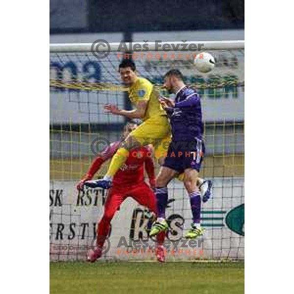 Sven Sostaric Karic and Rok Kronaveter in action during Prva Liga Telekom Slovenije 2020-2021 football match between Domzale and Maribor in Domzale, Slovenia on February 10, 2021