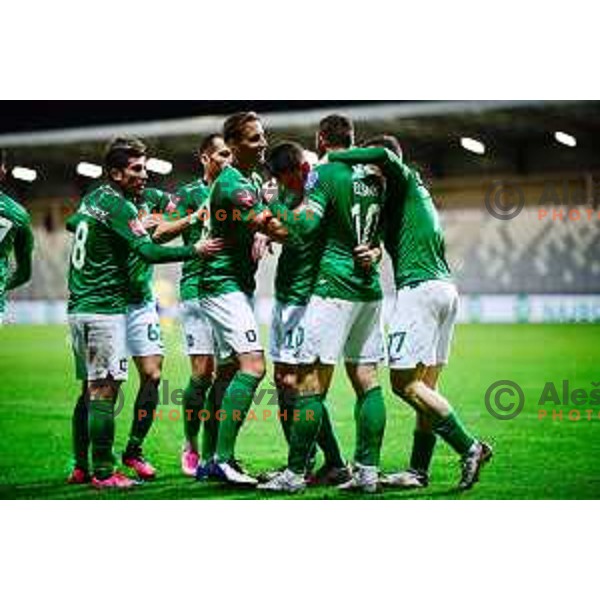 Uros Korun and players of Olimpija in celebrate goal during Prva Liga Telekom Slovenije 2020-2021 football match between Koper and Olimpija in Koper, Slovenia on February 10, 2021