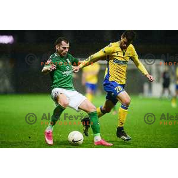 Mihailo Perovic and Mitja Viler in action during Prva Liga Telekom Slovenije 2020-2021 football match between Koper and Olimpija in Koper, Slovenia on February 10, 2021