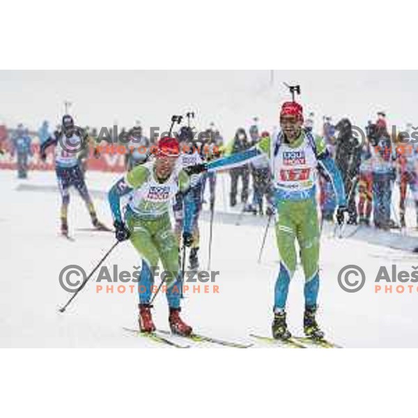Klemen Bauer and Jakov Fak in action during Mixed Relay at IBU World Biathlon Championships at Pokljuka, Slovenia on February 10, 2021