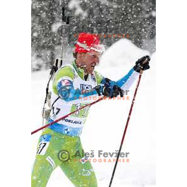 Klemen Bauer in action during Mixed Relay at IBU World Biathlon Championships at Pokljuka, Slovenia on February 10, 2021