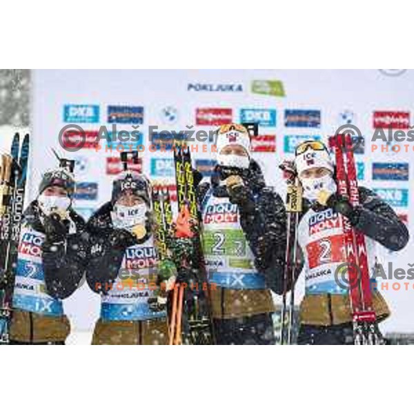 Tiril Eckhoff, Marte Olsbu Roeiseland, Johannes Thingnes Boe and Sturla Holm Laegreid of Norway, winner of Mixed Relay at IBU World Biathlon Championships at Pokljuka, Slovenia on February 10, 2021
