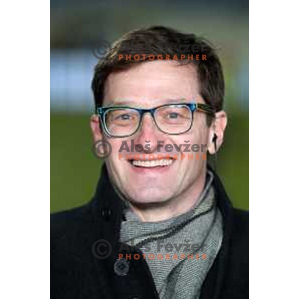 RTV SLO Tv presenter Sasa Jerkovic during Prva Liga Telekom Slovenije 2020-2021 football match between Domzale and Maribor in Domzale, Slovenia on February 10, 2021